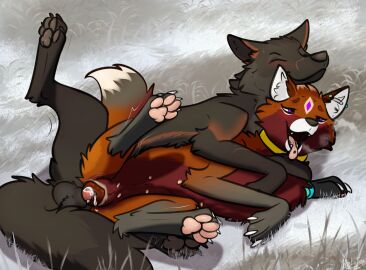 animal_genitalia animal_penis animal_pussy black_body black_fur bodily_fluids bracelet canid canine canine_genitalia canine_penis canine_pussy canis closed_eyes collar cum cum_in_pussy cum_inside duo ear_piercing embracing_during_sex facial_markings female feral feral_on_feral forehead_markings fur genital_fluids genitals grey_body grey_fur head_markings heliofox hi_res jewelry kael_(beleynn) kiriata knotting looking_pleasured lying male male/female mammal markings maroon_fur nipples on_side orange_body orange_fur outside penis piercing purple_eyes pussy raised_leg red_body red_fur tongue tongue_out tongue_piercing white_body white_fur wolf