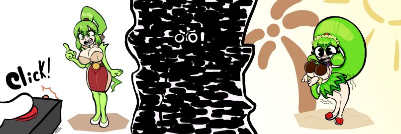 12lolomalo 1girls 2d 2d_(artwork) 2d_artwork big_breasts breasts coconut coconut_bra commission dancing female green_hair hula hula_dancer hula_girl hula_skirt onomatopoeia original original_character palm_tree remote_control simple_background solo solo_female spelline static sun tagme toony transformation upset venus_body voluptuous voluptuous_female wide_hips