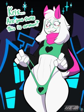 2025 2_horns 4_fingers anthro blush bovid bulge caprine clothing crop_top deltarune dialogue digital_drawing_(artwork) digital_media_(artwork) embarrassed english_description english_text eyebrows eyeliner eyewear femboy fingers fur furry glasses goat goat_boy goat_humanoid green_clothing green_eyewear green_glasses green_thong green_topwear green_underwear hi_res horn horns johnithanial lipstick makeup male male_only mammal offscreen_character pink_eyes pink_horn pink_scarf question_mark ralsei round_glasses scarf small_tail solo solo_male tail text thick_thighs thong topwear undertale_(series) underwear wearing_glasses white_body white_fur wide_hips