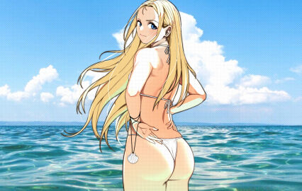 1girls absurd_res ass bikini blonde_hair blue_eyes blue_sky cloud clouds cloudy_rain4 female female_only kofune_ushio outdoors outside sky solo solo_female summertime_render swimwear very_long_hair water white_bikini white_swimwear