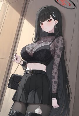 alternate_costume bag belt belted_skirt black_belt black_bra black_choker black_footwear black_hair black_nails black_pantyhose black_skirt blue_archive blush boots bra breasts bright_pupils cg choker cleavage earrings emotionless emotionless_female female goth hair_ornament hairclip halo indifference indifferent jewelry large_breasts long_hair long_sleeves looking_at_viewer midriff nail_polish navel pantyhose parted_lips pleated_skirt red_eyes rio_(blue_archive) see-through shirt skirt solo torn_clothes torn_pantyhose unbothered underwear very_long_hair watch white_pupils wholesome wristwatch