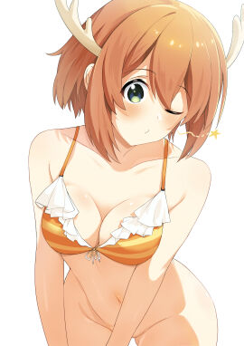 1girls 2d :3 antlers bikini bikini_top boobs bottomless breasts brown_hair curvy cute deer female kissy_face medium_breasts my_deer_friend_nokotan naihellx one_eye_closed orange_clothing shikanoko_noko shikanoko_nokonoko_koshitantan short_brown_hair short_hair swimsuit tagme two_piece_swimsuit winking_at_viewer