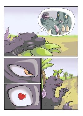 2022 4_fingers ambiguous_gender anthro balls beach bodily_fluids bondage bound brown_balls brown_eyes brown_tail claws comic cum dream duo ejaculation erection feet feral fingers genital_fluids genitals godzilla godzilla_(series) goo_creature gradient_sky grey_body grey_hands grey_scales heart_eyes heart_symbol hedorah hi_res kaiju laugh lemmygetton looking_at_another lying male male/ambiguous on_front open_mouth orange_sclera palm_tree palms penis pink_penis pink_tongue plant pupils sand scales sharp_teeth sky sleeping slime slit_pupils snout spikes spikes_(anatomy) story story_at_source story_in_description tail tears teeth tentacle thought_bubble tickle_fetish tickle_torture tickling toe_claws toes toho tongue tongue_out tree waking_up white_claws yellow_eyes