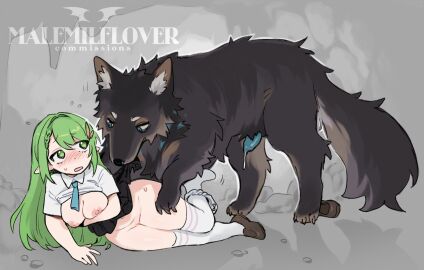 animal_penis aqua_necktie black_skirt blush canid canine canine_penis canis clothes_lift commission degrees_of_lewdity female feral full_body green_eyes highres long_hair lying male necktie nose_blush on_side original outdoors panties panties_around_one_leg penis player_character_(degrees_of_lewdity) player_character_(female)_(degrees_of_lewdity) precum precum_drip school_uniform shirt_lift skirt skirt_lift sweat tearing_clothes thighhighs tnso torn_clothes underwear unworn_shoe watermark white_thighhighs wolf zoophilia