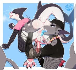 absurd_res anal anthro anus armwear ass ass_grab backsack balls ballsack big_ass big_butt black_hair butt_grab claws clothing drunkrussianman duo eye_roll eyeshadow eyewear feet fin fin_piercing fish fishnet_armwear fishnet_clothing fishnet_legwear fishnet_thigh_highs furgonomics furry-specific_piercing genitals glasses hair hand_on_ass hand_on_butt head_fin hi_res john_(drunkrussianman) legwear makeup male male/male marine oral original pawpads paws perineum piercing rimming sex shark shirt t-shirt tail tail_fin thigh_highs tongue tongue_out topwear