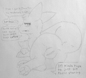 absurd_res annoyed anus big_tail canid canine crossed_legs dialogue dipstick_tail fangs female feral fluffy fox genitals hi_res humanoid_genitalia line_art looking_at_viewer lying lying_on_ground mammal markings monochrome on_ground pawpads paws pussy rear_view solo speech_bubble tail tail_markings teeth traditional_media_(artwork) unremarkable_guy wide_hips