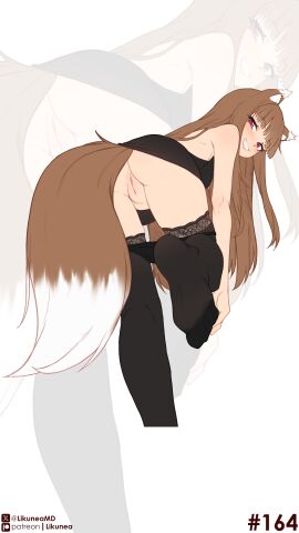 1girls absurdres animal_ear_fluff animal_ears animal_tail ass backless_dress backless_outfit black_dress black_panties black_thighhighs brown-haired_female brown_hair brown_hair_female canine_humanoid cleft_of_venus commentary cropped_legs dress english_commentary female female_only fluffy fluffy_tail grin highres hime_cut holo kemonomimi leaning_forward likunea long-haired_female long_hair long_hair_female looking_at_viewer no_shoes panties panties_down panties_pull panty_pull parted_lips patreon_logo patreon_username presenting_hindquarters pussy red-eyed_female red_eyes red_eyes_female short_dress showing_off smile smiling smiling_at_viewer sole_female soles spice_and_wolf tail teeth thighhighs toes twitter_username twitter_x_logo uncensored underwear wolf_ears wolf_girl wolf_tail zoom_layer
