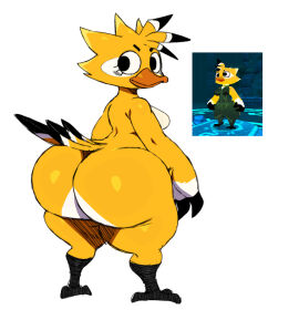 1girls anthro ass ass_focus atlyss avian beak big_ass bird black_eyes breasts byrdle_(atlyss) feathers female furry huge_ass looking_back nude reference_image sole_female sssonic2 tail white_background yellow_body