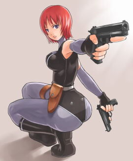 1girls 2024 2d 2d_(artwork) ass bodysuit boots breasts bubble_butt detached_sleeves dino_crisis dual_wielding female female_only fingerless_gloves glock_35 gloves gun guns handgun holding holding_gun holding_weapon large_breasts looking_back nagase_haruhito parted_lips photoshop_(medium) purple_eyes questionable red_hair regina_(dino_crisis) sfw short_hair skin_tight solo solo_female spandex squatting tomboy trigger_discipline weapon