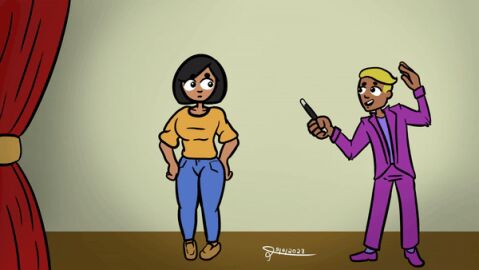 animated assisted_exposure clothes_removed crowd dark_skin disappearing_clothes embarrassed embarrassed_nude_female enf female magic magic_trick magician on_stage public sandiestlittlefella surprised surprised_expression wardrobe_malfunction