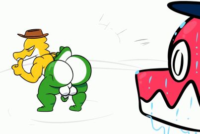 2024 2boys animated anthro ass balls big_ass chad_(the_amazing_digital_circus) cowboy_hat digital_art fat_ass gay glitch_productions gummigoo_(the_amazing_digital_circus) gummy_creature male male_only penis small_balls small_penis staring staring_at_another staring_at_ass staring_at_partner sweating tabi_simp the_amazing_digital_circus yaoi
