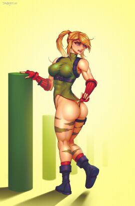 1girls ass ass_focus blonde_hair blue_eyes cammy_white_(cosplay) capcom danderfull fingerless_gloves legs leotard light-skinned_female light_skin metroid muscular muscular_female nintendo ponytail samus_aran street_fighter wedgie