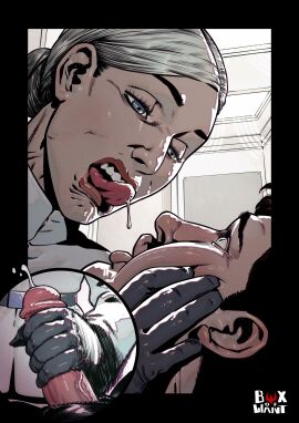 1boy 1girls blonde_female blonde_hair boxofwant canon_couple close-up clothed clothed_sex clothing cruel dedra_meero dominant dominant_female drooling_into_mouth female gloved_handjob gloved_hands gloves grabbing_face handjob imperial_officer_(star_wars) male penis spit spitting spitting_in_mouth star_wars star_wars:_andor straight submissive submissive_male syril_karn tongue tongue_out uniform