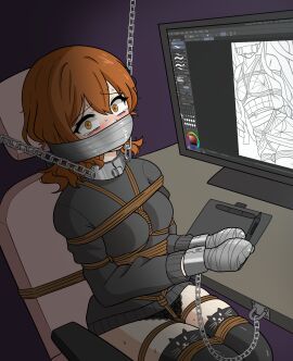 1girls abducted artist artist_self-insert blush bondage breasts captive captured chaines chains collar cuffs duct_tape duct_tape_gag enslaved female female_focus female_only gag gagged handcuffed handcuffs helpless hostage kidnapped legs looking_at_captor looking_at_viewer oc original original_art original_artwork original_character panties petite petite_female puffo red_hair redhead_female restrained rope rope_bondage ropes self_insert slave slave_collar slave_girl small_breasts software stockings sweat sweatdrop sweater sweating sweaty sweaty_body tagme tape tape_bondage tape_gag tape_gagged taped_hands taped_mouth tearing tears thighhighs thighs tights underwear