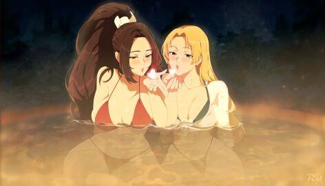 2girls absurdres arm_support bare_shoulders bikini black_bikini blonde_hair blowing_kiss blush breasts brown_eyes cleavage commentary_request fatal_fury halterneck heart high_ponytail highleg highleg_bikini highres jujutsu_kaisen king_of_fighters large_breasts long_hair mai_shiranui motoyui multiple_girls navel night night_sky outdoors parted_bangs partially_submerged ponytail puckered_lips r3dfive red_bikini sky swimsuit water yuki_tsukumo