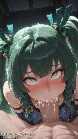 1girls ahe_gao ahegao_face ai_generated android big_penis blowjob breasts cheek_bulge clothed clothed_female cum cum_in_mouth curvy curvy_body curvy_female deepthroat dreamyan_ai fellatio green_eyes green_hair hi_res high_quality high_resolution highres long_hair male_pov medium_breasts oral oral_sex pov qingyi_(zenless_zone_zero) sucking sucking_penis thick_ass thick_thighs thighs twintails uncensored zenless_zone_zero