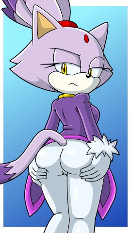 accurate_art_style anthro ass ass_grab blaze_the_cat bottomwear breasts butt_grab cel_shading clothing digital_media_(artwork) domestic_cat eyelashes felid feline felis female forehead_gem frown fur gem hair half-closed_eyes hand_on_ass hand_on_butt hand_on_own_butt hi_res holding_butt looking_back mammal narrowed_eyes on_model pants ponytail purple_body purple_fur rear_view sega shaded solo sonic_(series) sonic_the_hedgehog_(series) sonicguru tail tight_bottomwear tight_clothing yellow_eyes