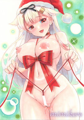 absurdres artist_name bar_censor blonde_hair blush breasts censored choker commentary_request cowboy_shot female hair_flaps hair_ornament hairclip hat highres kantai_collection large_breasts long_hair looking_at_viewer mimikuro navel nipples nude open_mouth pussy pussy_juice red_eyes red_hat red_ribbon ribbon ribbon_between_breasts ribbon_choker santa_hat skindentation solo stomach traditional_media yuudachi_(kancolle) yuudachi_kai_ni_(kancolle)