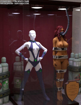 3d bound bound_arms bound_legs completely_nude dc dc_comics female mannequin nude nude_female orange_skin purple_bikini red_hair starfire starfire_(classic) starfire_(comics) teen_titans thejpeger trophy_case