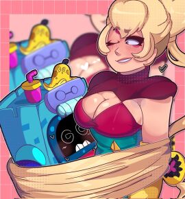 ame_momos ash_(brawl_stars) banana_peel big_breasts blush brawl_stars breasts charlie_(brawl_stars) female horny tangled_hair tangled_up trash trash_can wink yo-yo