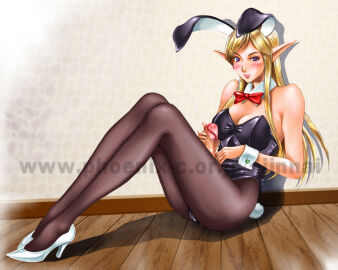 1futa background big_penis blonde_hair blush breasts bunny_ears bunny_suit clothed clothing cock collar dick dickgirl dusty_heaven elf elf_ears elf_female erect_penis erection female futa_only futanari hand_on_penis high_heels human intersex large_penis light-skinned_futa light_skin looking_at_viewer medium_breasts mostly_clothed pantyhose penis posing purple_eyes ribbon sitting_on_floor solo uncensored watermark