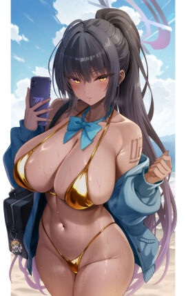 1girls bikini black_hair blue_archive blue_sweater blush breasts cleaning_&_clearing_(blue_archive) cleavage dark-skinned_female dark_skin female female_focus female_only gold_bikini halo karin_(blue_archive) karin_(school_uniform)_(blue_archive) large_breasts long_hair long_sleeves looking_at_viewer millennium_science_school_student navel off_shoulder oni-noboru solo sweater swimsuit yellow_eyes