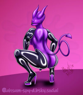 ahsum_spy-d ass ass_crack ass_focus back_view bald bald_female black_lips bsky_link demon demon_futa demon_girl demon_horns demon_humanoid demon_tail demoness dripping_cum female female_focus female_only futa_focus futa_only futanari high_heels horned_humanoid horns huge_ass intersex latex latex_armwear latex_clothing latex_legwear miss_kurser_(ahsum_spy-d) no_eyes oc original original_character penis purple_skin squatting tail