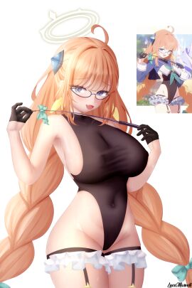 ahoge belly_button big_breasts black_leotard braid breasts garter_straps glasses gloves half_gloves halo huge_ass leotard long_sleeves looking_at_viewer smug thick_thighs thighs twin_braids