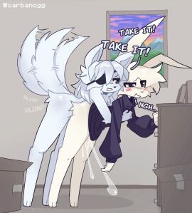 against_counter against_furniture against_surface anal anal_sex anthro anthro_on_anthro anthro_penetrated anthro_penetrating anthro_penetrating_anthro arm_support ass big_ass big_butt blush blush_lines bodily_fluids box canid canine carbanogg clothing container counter cum cum_in_ass cum_inside cum_while_penetrated cumshot dialogue duo ejaculation english_text eye_patch eyewear from_behind_position fur genital_fluids grabbing_from_behind hair hands-free lagomorph long_hair long_tail looking_at_another looking_pleasured male male/male male_on_bottom male_on_top male_penetrated male_penetrating male_penetrating_male mammal nude on_bottom on_top orgasm painting_(object) penetration penile penile_penetration penis penis_in_ass sex simultaneous_orgasms standing_doggystyle sweater tail tail_motion tailwag text thick_thighs topwear white_body white_fur