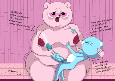 2023 absurd_res anthro ass azulin_(unicorn_wars) bear big_ass big_butt big_penis black_nose blue_body blue_ears blue_fur blush bodily_fluids brother brother_(lore) brothers_(lore) closed_eyes cradle_position cradling cum cumshot dialogue digital_media_(artwork) duo ejaculation exclamation_point front_view fur genital_fluids genitals gordi_(unicorn_wars) half-closed_eyes hand_behind_head hand_on_moob hand_on_penis handjob hi_res huge_ass huge_butt huge_cock hyper hyper_genitalia hyper_penis incest_(lore) inside intraspecies itsme_hilo lactating looking_pleasured male male/male male_lactation mammal moob_grab moob_suck moobs multicolored_body multicolored_fur narrowed_eyes nipple_fetish nipple_play nipple_suck nursing_handjob obese obese_anthro obese_male on_lap orgasm overweight overweight_anthro overweight_male penile penis pink_body pink_ears pink_eyes pink_fur question question_mark sex sibling_(lore) sitting sitting_on_lap spanish_text sucking text thick_thighs tongue two-tone_body two-tone_fur unicorn_wars vein veiny_penis