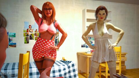 2023 2boys 2girls 3d age_difference bed bedroom breasts brown_hair confident dark-skinned_male dark_skin dress earrings enetwhili2 female group group_sex hands_on_hips indoors large_breasts light-skinned_female light_skin lipstick male mature mature_female medium_hair milf multiple_boys multiple_females multiple_girls multiple_males nipple_bulge nipples_visible_through_clothing no_bra older_female orange_hair orgy pale-skinned_female pale_skin polka_dot polka_dot_skirt red_hair red_lipstick short_hair skirt small_breasts straight white_dress younger_male