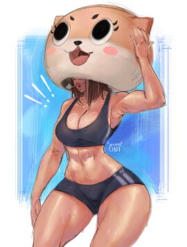abs alien_hips armpit armpit_crease armpits brown_hair brunette_hair chiitan child_bearing_hips costume female fit fit_female hips internet_celebrity internet_personality large_breasts light-skinned_female light_skin mascot mascot_costume mascot_head mask masked masked_female shorts sports_bra sweat sweating sweaty thick thick_thighs thighs toned toned_female toned_stomach white_background wide_hips zupaoni