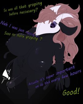 absurd_res anthro arty_(ascendedarty) ass auri_(thehuskylord) avian big_breasts big_butt bird bovid breasts caprine corvid dialogue female futanari goat goo_transformation hi_res intersex intersex/male male mammal oscine passerine purple_eyes tagme thehuskylord transformation