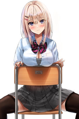 black_hair black_skirt blonde_hair blush bra breasts chair cleavage closed_mouth collared_shirt female grey_bra hair_ornament hairclip highres light_smile looking_at_viewer medium_breasts original pleated_skirt purple_eyes school_uniform shirt simple_background sitting sitting_backwards skirt solo spread_legs underwear uniform white_background white_shirt yukemuriganmo