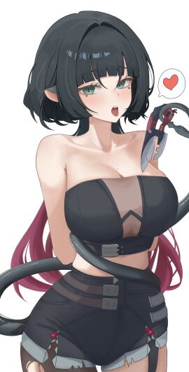 1girls absurdres animal_ears aqua_eyes arms_behind_back bare_shoulders black_pantyhose black_shorts black_tube_top blush breasts cleavage collarbone commentary_request cowboy_shot female hair_intakes heart highres jane_doe_(zenless_zone_zero) large_breasts long_hair long_tail looking_at_viewer midriff mole mole_on_breast mole_on_collarbone mouse_ears mouse_girl mouse_tail pantyhose prehensile_tail shorts simple_background single_leg_pantyhose solo spoken_heart strapless taboo_(selfmadeappler) tail tail_wrap tongue tongue_out torn_clothes torn_pantyhose tube_top white_background zenless_zone_zero