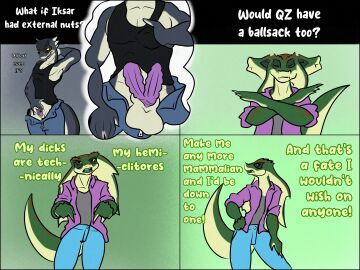 2_penises animal_genitalia animal_penis anthro clintonflichards clothed clothing comic diphallia diphallism everquest fully_clothed futanari genitals gesture hand_gesture hand_on_hip hand_on_pec hemipenes hi_res humanoid iksar intersex male mostly_clothed multi_genitalia multi_penis penis pointing pointing_at_crotch scalie solo