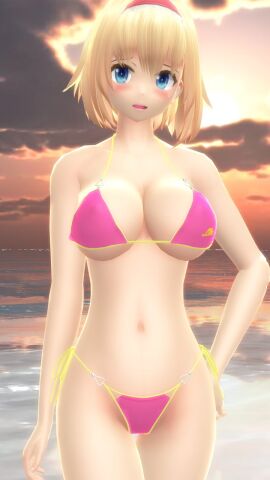 1girls 2023 3d alice_margatroid belly_button bikini blonde-haired_female blue_eyes blush breasts cleavage clouds female hati_yukkuri_mmd headband human light-skinned_female light_skin looking_at_viewer mmd open_mouth outdoors perfect_cherry_blossom pink_bikini sea short-haired_female sky solo_female solo_focus sunset swimsuit touhou waist water