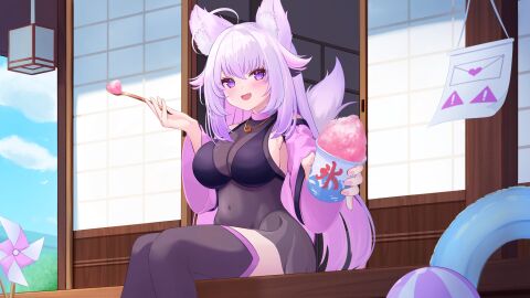 :d absurdres ahoge animal_ears architecture ball beachball bell_sleeves black_bra black_leotard blue_sky blush bra breasts cat_ears cat_girl cat_tail cloud colored_inner_hair colored_tips commission covered_navel cute_fang day east_asian_architecture eyelashes female food g-string gold_necklace highres indie_virtual_youtuber innertube jewelry large_breasts leotard long_hair long_sleeves love_letter multicolored_hair necklace outdoors pink_nails pinwheel pisceun porch purple_eyes see-through_clothes see-through_shirt sharing_food shaved_ice shirt shiyuonline shouji sideboob simple_bird skeb_commission sky sliding_doors smile solo stirrup_legwear summer swim_ring tail thighhighs thong toeless_legwear transparent_leotard underwear virtual_youtuber white_hair wooden_porch