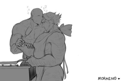 2boys apron arm_hair ass baimonbluewhale bald blush cooking couple deadpool gay hairy hairy_male holding_object james_howlett kissing_forehead large_pectorals leg_hair logan_(x-men) male male/male male_focus male_only marvel marvel_comics marvel_rivals medium_hair monochrome muscular muscular_male mutant_(marvel) naked_apron pectorals scars_all_over wade_wilson wolverine_(marvel_rivals) wolverine_(x-men) x-men yaoi