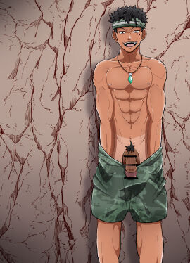 1boy 2023 abs balls bar_censor black_hair black_pubic_hair camouflage camouflage_shorts censored censored_penis flaccid foreskin green_shorts keisha_(pixiv35695890) male male_only mirusendanshi muscular necklace nipples original penis pubes pubic_hair retracted_foreskin shorts solo spiky_hair tagme tan_skin tanline uncircumcised veiny_penis