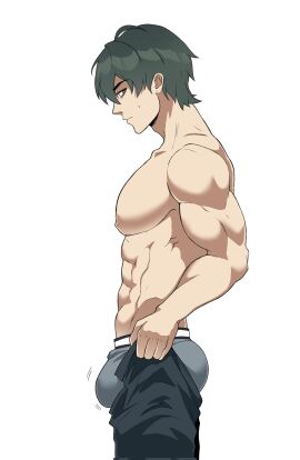 1boy abs boxers_(clothing) bulge lighter_(zenless_zone_zero) looking_at_viewer male male_focus male_only meme muscles muscular muscular_male proxima putting_clothes_on solo solo_focus tight_clothing tight_pants_(meme) underwear zenless_zone_zero