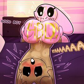 1boy 1girls ahegao ahegao_face anthro bed big_breasts birthday blush breasts cum cum_on_breasts cumshot dialogue female furry indoors inverted_nipples large_breasts male marshmallow_(oxyoxyoxyox) moaning nervous_expression nimby_(neo) nude nude_female nude_male oxyoxyoxyox paizuri tagme titjob upside-down