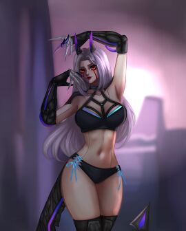 1girls adapted_costume alternate_costume arm_above_head arm_raised bikini black_bikini black_swimsuit breasts claws crossover cybernetic cybernetic_arm cybernetic_arms cybernetic_tail cybernetics cyberpunk cyborg cyborg_girl day_of_wrath day_of_wrath_(doom_fanfic) demon demon_girl demon_horns demon_tail demoness evelynn exhibitionism exhibitionist exposed_midriff face_markings facing_viewer female fr04ek glowing glowing_clothes glowing_clothing glowing_horns goddess halter_top harness harness_bra idol infinitypilot k/da_all_out_evelynn k/da_all_out_series k/da_evelynn k/da_series league_of_legends leotard long_hair looking_at_viewer midriff nail_guards original original_character popstar presenting public public_exposure public_indecency purple_hair raised_arm red_eyeliner red_eyes red_eyeshadow revealing revealing_clothes revealing_clothing robotic_arm robotic_arms robotic_tail science_fiction shiny shiny_clothes shiny_hair skimpy skimpy_clothes smile smiling smiling_at_viewer solo solo_female stage stage_lights stage_show standing succubus succubus_horns succubus_tail swimsuit swimwear thighs white_hair zeta_(day_of_wrath) zoe_thompson_(day_of_wrath)