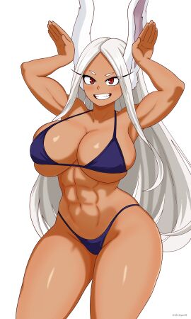 :d abs absurdres animal_ears arms_up bikini blush boku_no_hero_academia breasts cleavage collarbone contrapposto dark-skinned_female dark_skin eclyart eclypse female hands_up highres large_breasts long_eyelashes long_hair looking_at_viewer miruko muscular muscular_female my_hero_academia navel parted_bangs purple_bikini rabbit_ears rabbit_girl rabbit_pose red_eyes rumi_usagiyama skindentation smile solo stomach swimsuit thick_thighs thighs twitter_username underboob very_long_hair white_hair
