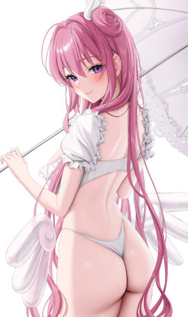 1girls absurdres ass bikini blush butt doenji_(auto7233) dorothy_(nikke) dorothy_(serendipity)_(nikke) female female_only from_behind goddess_of_victory:_nikke highres holding holding_umbrella long_hair looking_at_viewer looking_back parasol pink_hair purple_eyes simple_background smile solo solo_female swimsuit umbrella white_background white_bikini