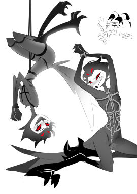 4_eyes absurd_res animal_genitalia anthro avian beak bird blitzo_(helluva_boss) blush bodily_fluids bondage bound cloaca cloaca_juice demon duo feathers feet genital_fluids genitals hanging_by_waist helluva_boss hi_res horn imp male monochrome multi_eye nude oboroboroo owl owl_demon red_eyes restraints rope rope_bondage rope_harness solo_focus spot_color stolas_(helluva_boss) sweat tail tail_feathers talons toes upside-down