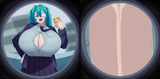 1girls 2koma against_door alternate_breast_size apartment background breast_press button_down_shirt cleavage close-up deco*27 emmarrgus erect_nipples eyepatch hatsune_miku huge_breasts monitoring_(deco*27) no_bra parody peephole peeping phone popped_button pressed_on_glass school_uniform smug tenting tie tight_clothing tucked_shirt twintails