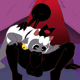 absurd_res anatid anseriform avian balls big_balls big_penis bird blush bovid caprine clauneck_(cult_of_the_lamb) clothing crown cult_of_the_lamb duck genitals headgear hi_res lamb_(cult_of_the_lamb) male massive_monster_(studio) open_mouth oral penis robe_lift sheep slightly_chubby spread_legs spreading twerpishimp