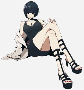 black_dress blue_hair breasts choker cleavage doctor dress exposed_shoulders female legs long_legs looking_at_viewer looking_down necklace necklace_between_breasts persona_5 pppppknw realistic_anatomy realistic_breast_size realistic_proportions red_eyes short_hair shoulders tae_takemi