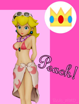 1girls 3d arms_behind_back artist_name big_breasts blonde_hair blue_eyes breasts busty cleavage female large_breasts legs looking_at_viewer mario_(series) navel nintendo pink_bikini pose posing princess_peach redsmmd sarong thighs voluptuous